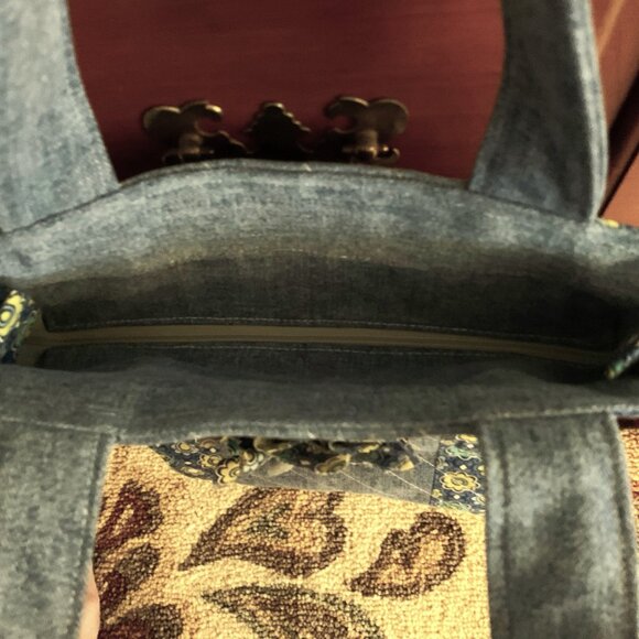 Handmade Denim and Cotton Quilted Purse with Zip Closure and Shabby Chic Flower - Picture 7 of 10